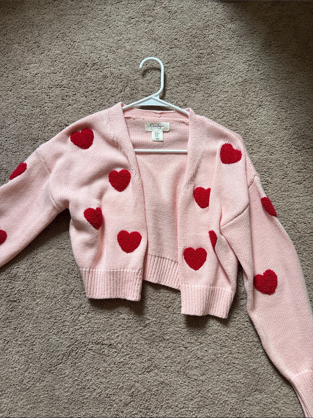 Jessica Simpson Pink Cropped Cardigan with Red Heart Appliqués